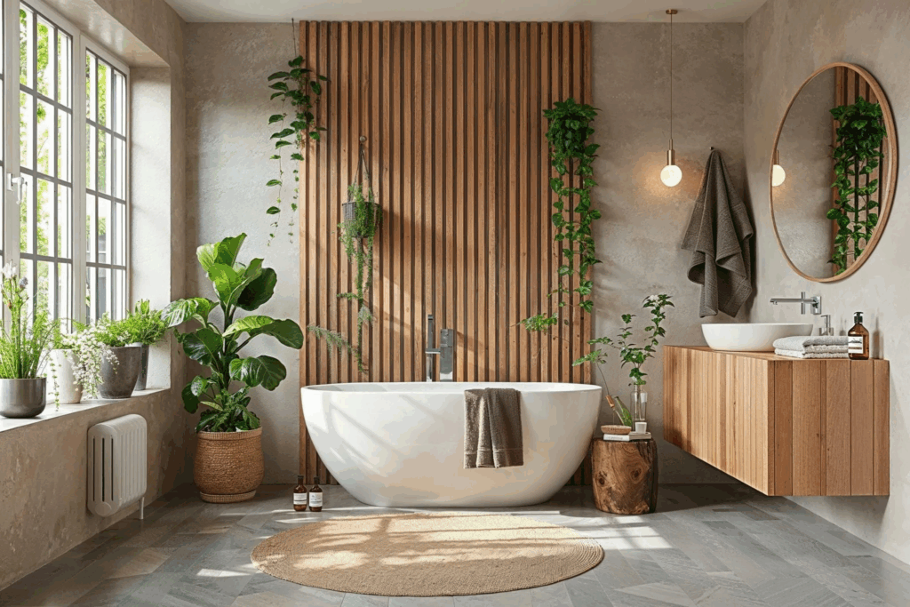 Adding plants helps create a softer, more inviting atmosphere in bathrooms dominated by hard surfaces.
