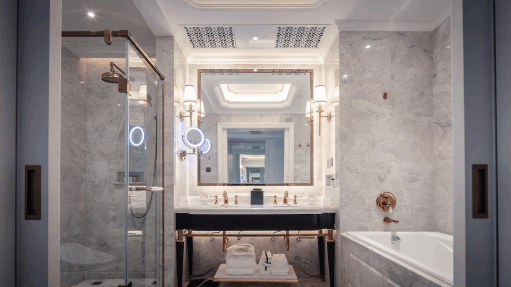Bathrooms are seeing an increase in fixtures and hardware finished in brass, copper, and brushed gold.