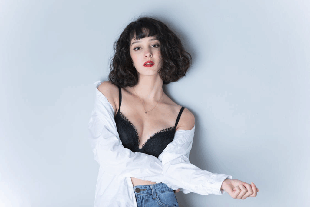 A plunge bra features a low V-shaped center and cups that angle inward toward the middle.