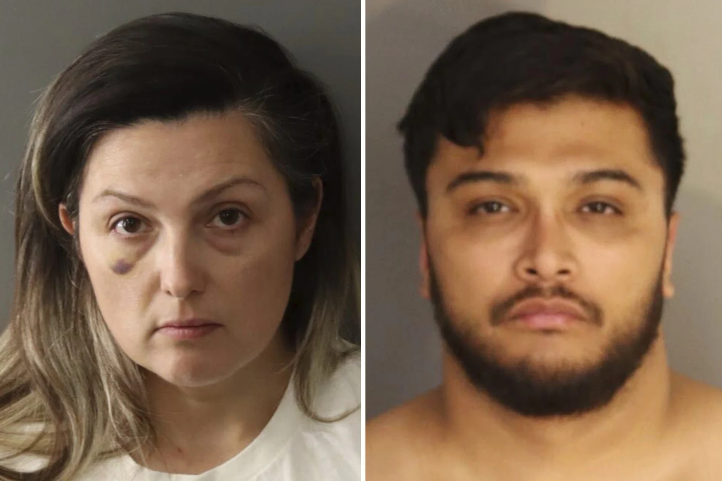 Booking photos of Rebecca Haro, left, and Jake Haro, who are charged with murder in the death of their missing 7-month-old son, Emmanuel Haro.
