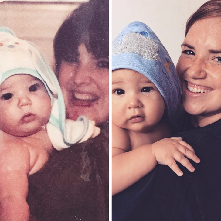 “My mom holding me (1989) vs. Me holding my son (2017).”