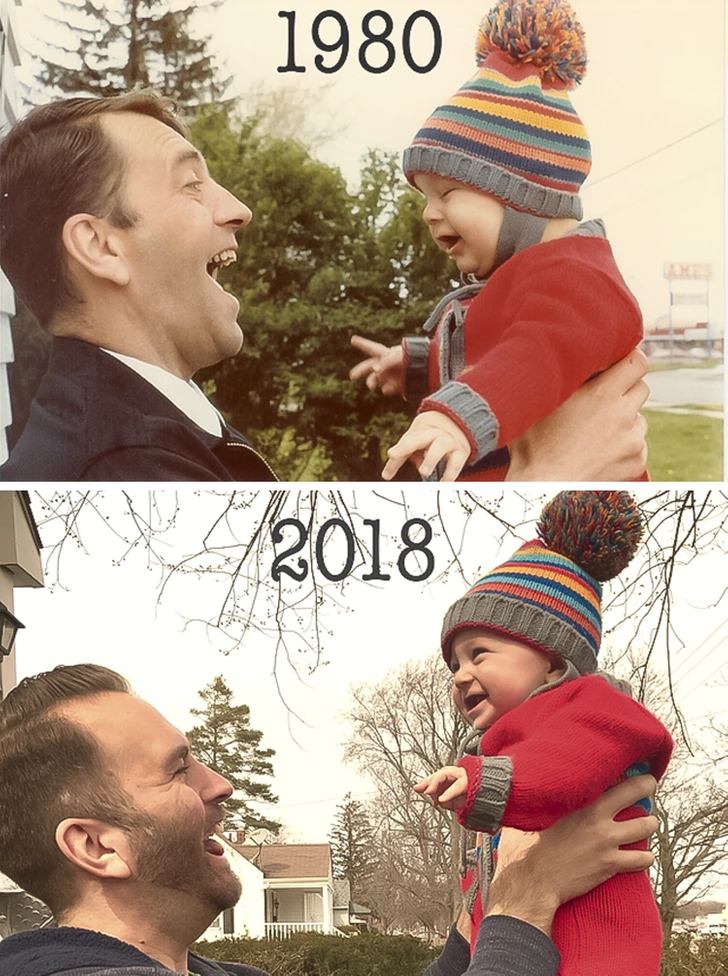 “My father and me in 1980, and my son and me in 2018.”
