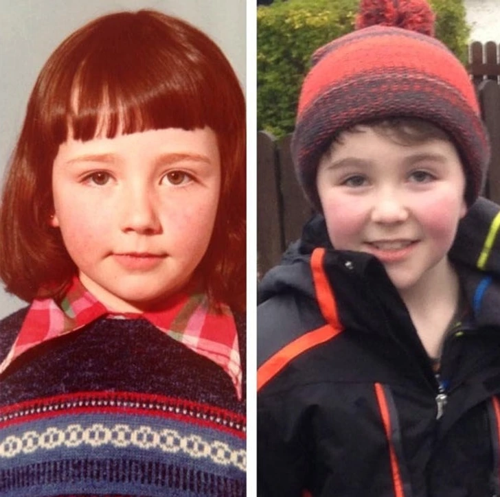“Me in the ’70s and my son a few years ago — I thank my mom for the bangs!”