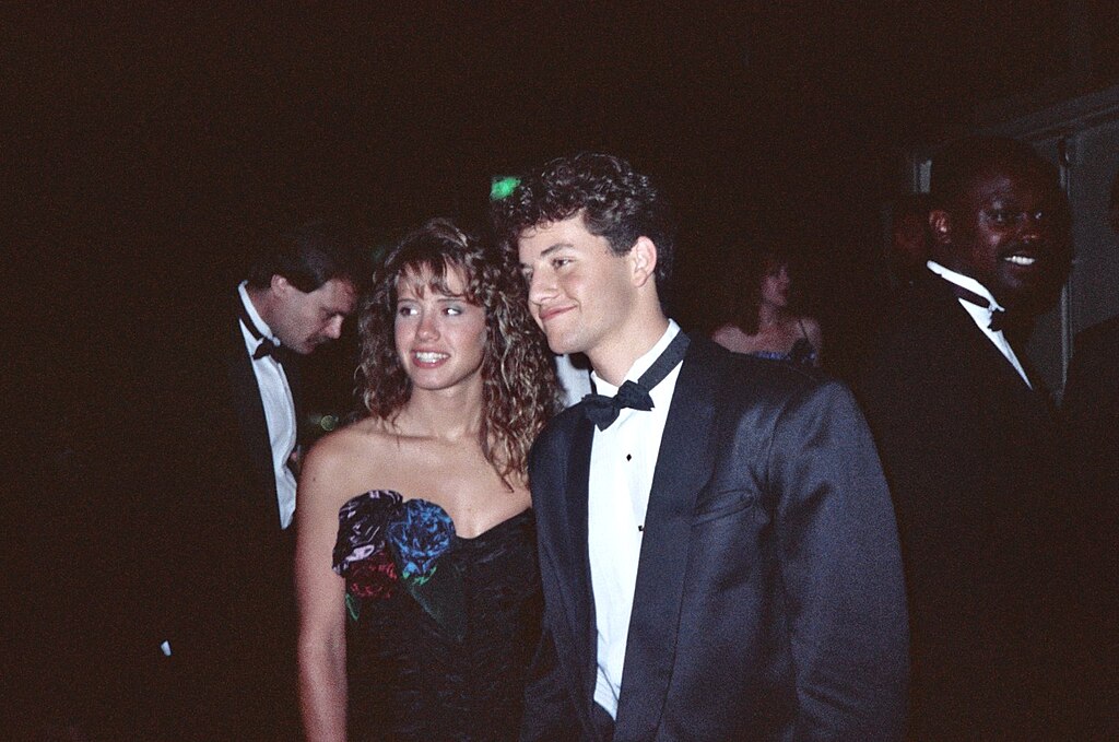 Kirk Cameron and Leanna Creel attend the Emmy Awards in the late 1980s, both dressed in formal evening wear.