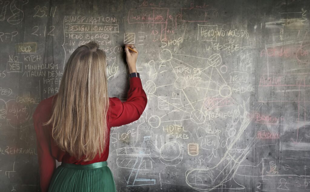 Person in red blouse and green skirt writing on a chalkboard filled with equations and notes.