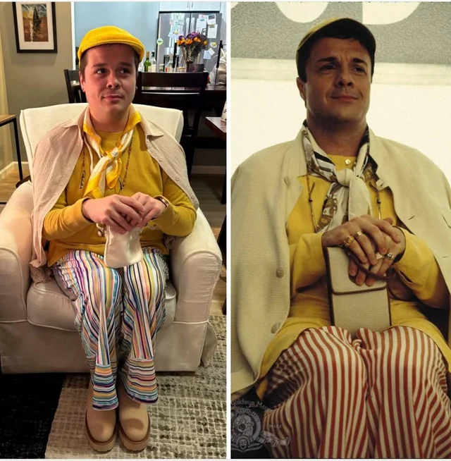 Man wearing striped pants and yellow shirt with scarf