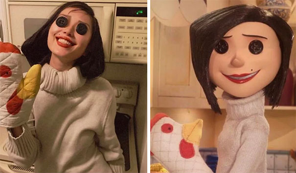 woman wearing buttons on face