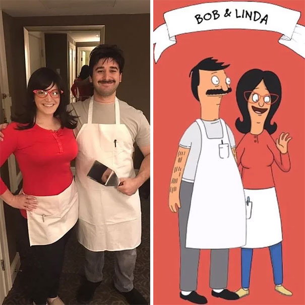 woman in red shirt and apron next to man with spatula