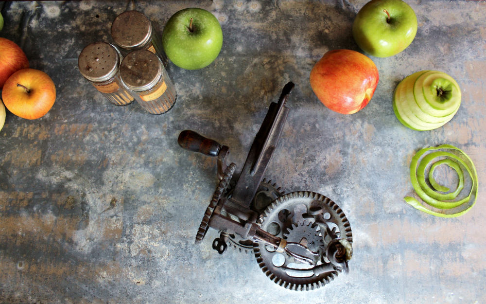 Counter with Apples, Seasonings, Vintage Apple Peeler