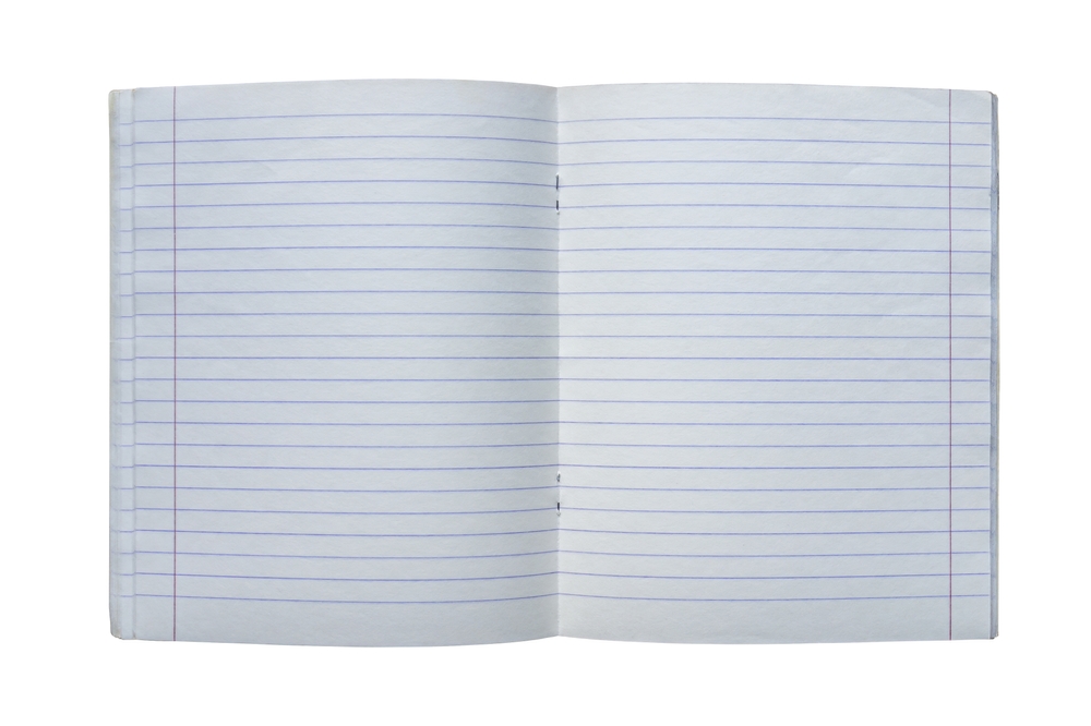 Open lined copybook with blank pages, perfect for customized content. Spread of blank lined notebook with red margins isolated on white. 