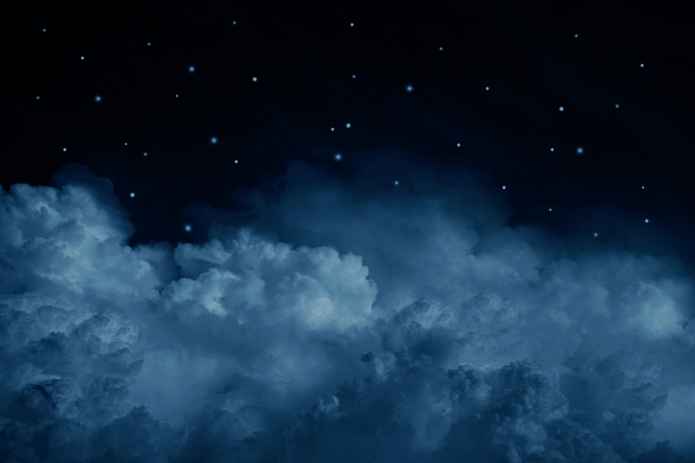 Black dark blue white starry cloudy night sky background. Above the clouds. Moonlight. The sparkle of twinkling stars. Outer space universe infinity cosmos. Design. Dream. Christmas. Product. Stage.