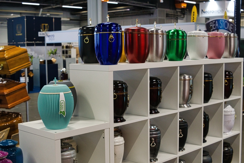 Kielce, Poland, June 11 2024, various types of urns for ashes - presented at exhibition stands during Necro Expo - Kielce Fair, Poland 2024