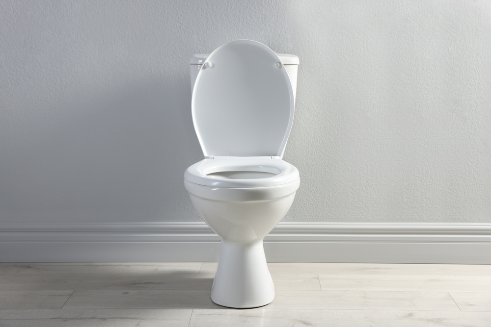 One toilet bowl near white wall indoors
