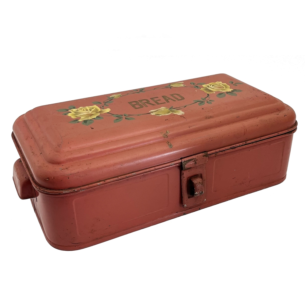 Vintage red metal bread box with latch and handles