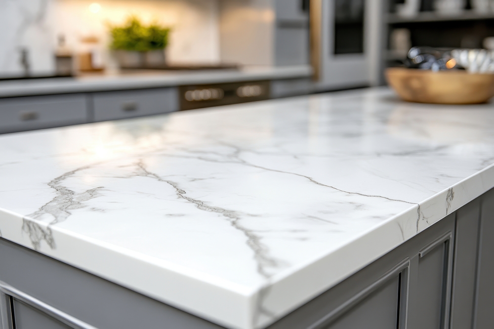 A modern kitchen island with a marble countertop and elegant design.