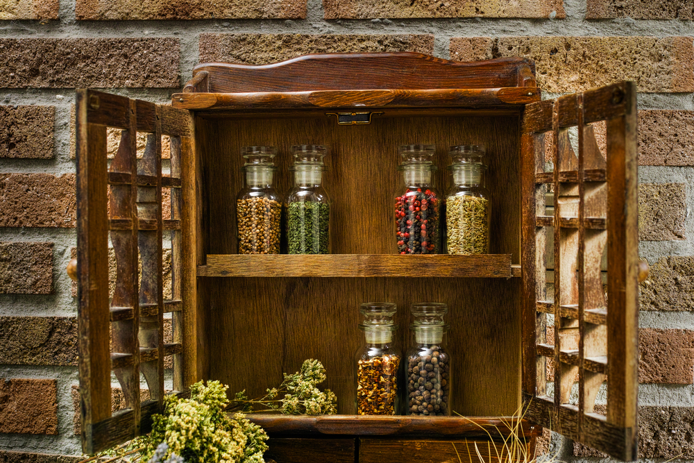 Farms vintage Spice Rack or Storage Cabinet: Wall Mount - Display Shelf, Six Glass Bottleson rural background village life