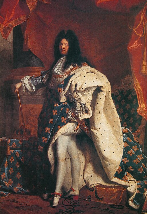 Portrait painting of Louis XIV in royal regalia with ermine robe and red high-heeled shoes.