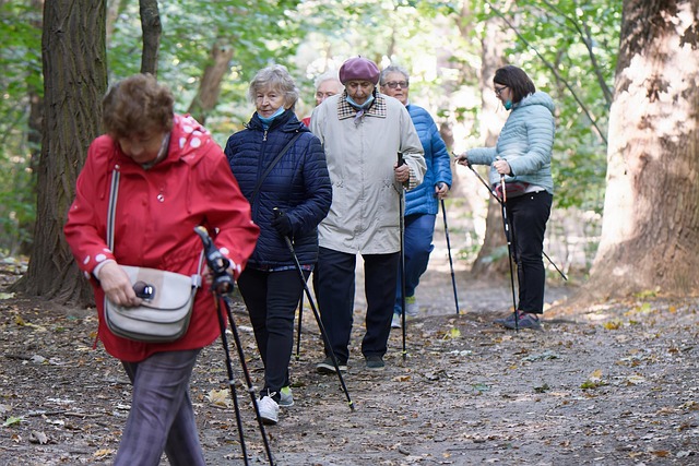 elderly people walking in a forest