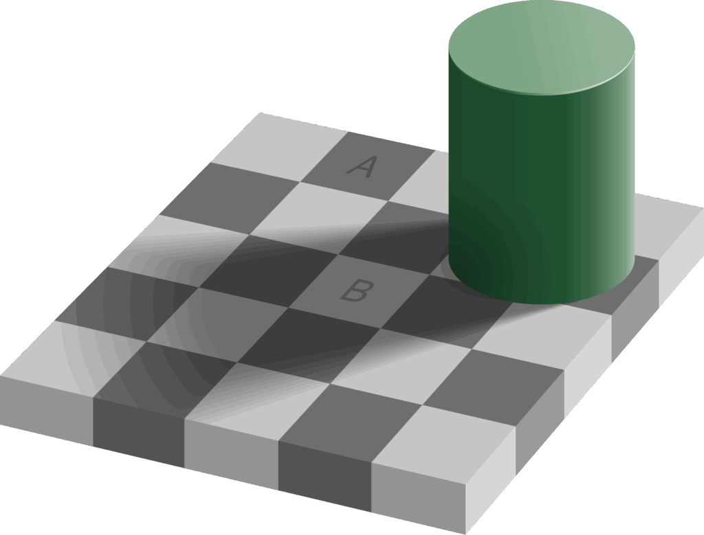 checkerboard image with green cylinder
