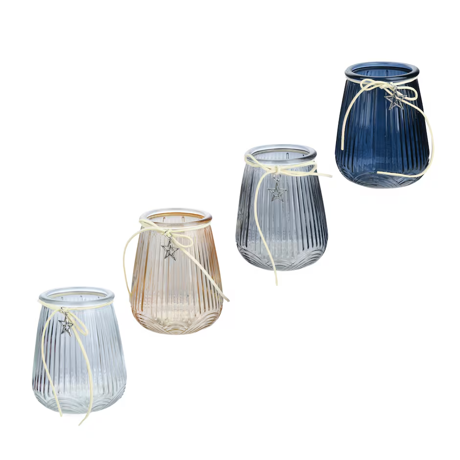 blue, grey, yellow, and clear glass candle holders