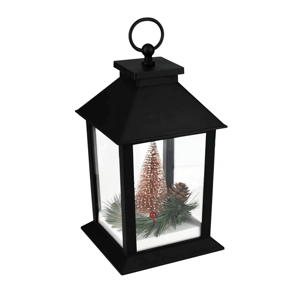 black lantern with bottle brush Christmas tree inside