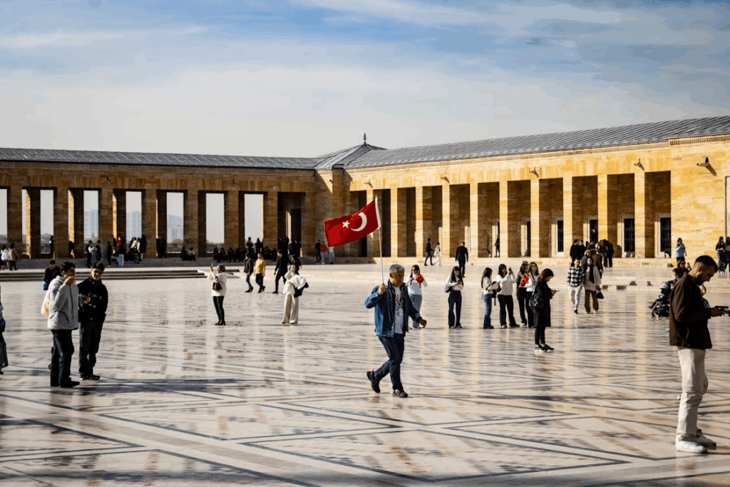 Tourists at Anıtkabir in Ankara with Turkish Flag countries unfriendly to tourists
