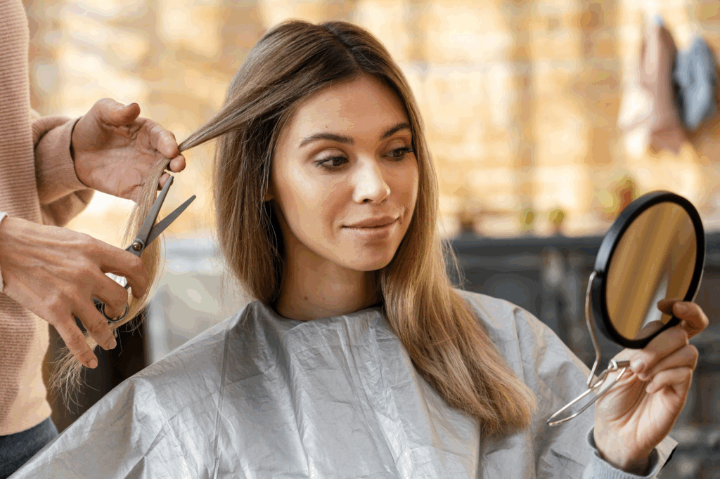  woman getting her hair cut at home by hairstylist