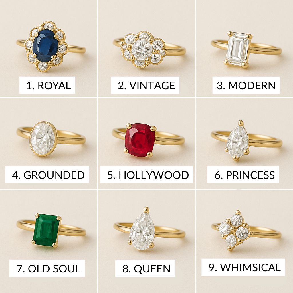 A selection of many rings with different styles and stones