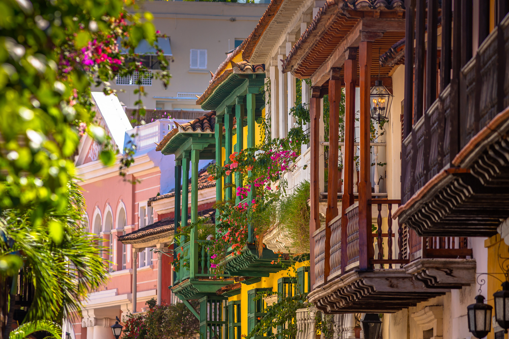 View of the colonial buildings and architecture of the Old city (Old town), the heart and core of the history of Cartagena de Indias, Colombia.