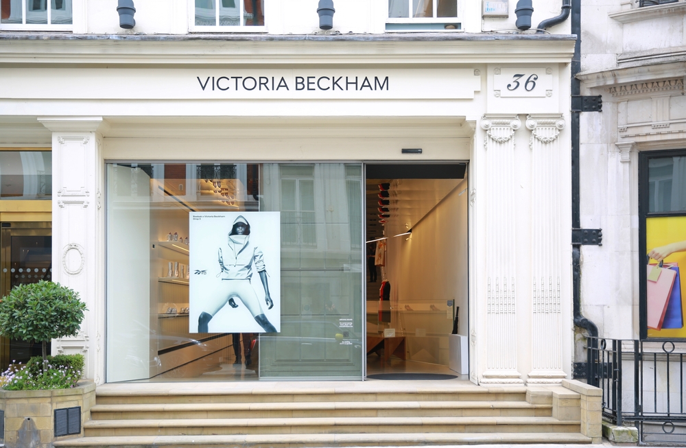 London - September 04 2021: Victoria Beckham's London boutique shot at eye-level with the door open