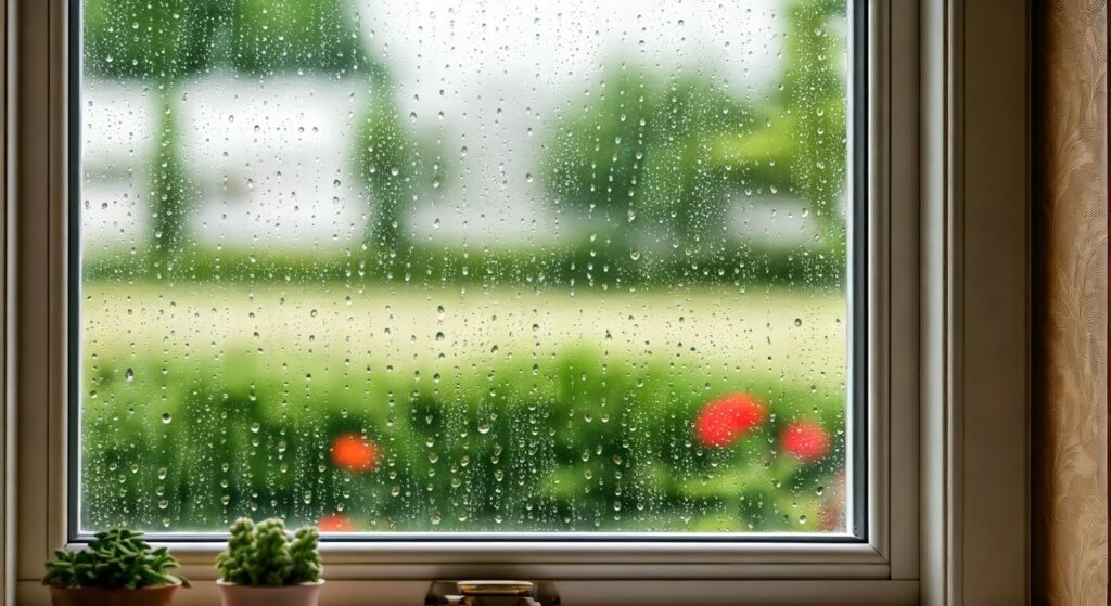 Aesthetic photo of the window with rain dew on the glass and visible outside the yard and photographed from the inside in the kitchen, wallpaper. professional