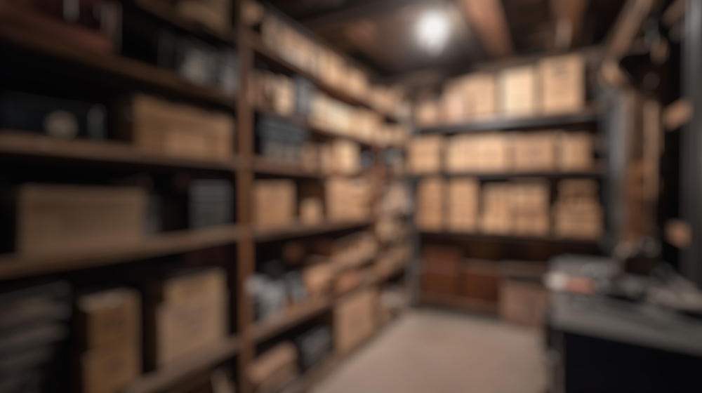 Blurred background of a well-organized storage room featuring neatly arranged cardboard boxes on shelves, illuminated by a soft overhead light, creating an efficient workspace.