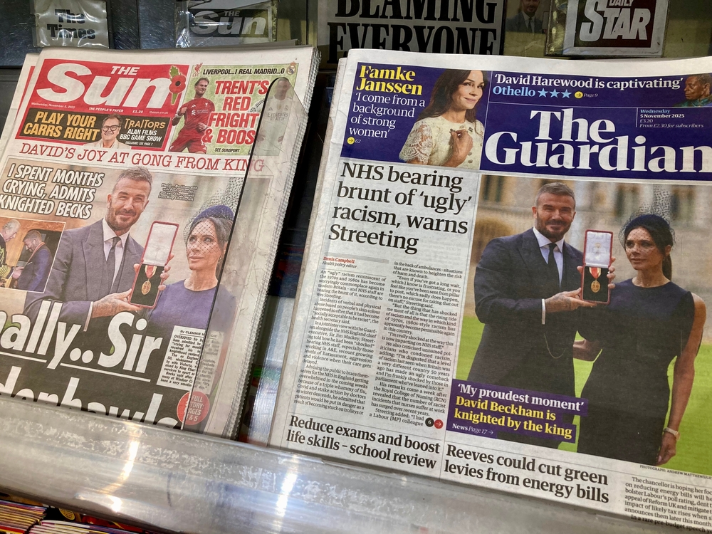 Nottinghamshire, UK 05 Nov 2025 : cover picture of UK Tabloid newspaper report English former professional footballer ,David Beckham knighted by King Charles III