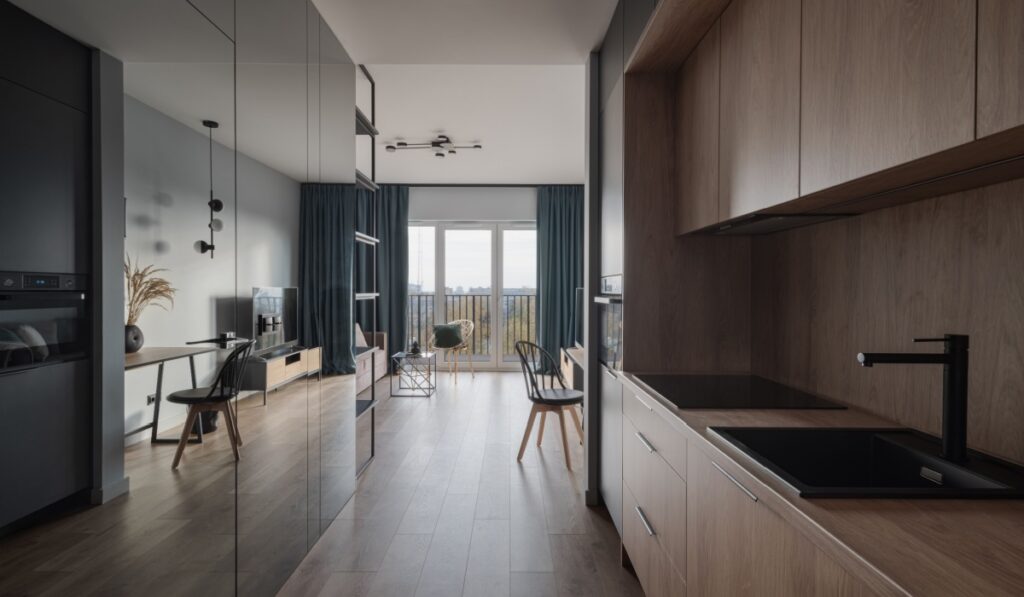 Modern, wooden kitchen area and mirror wall in small and stylish open plan apartment
