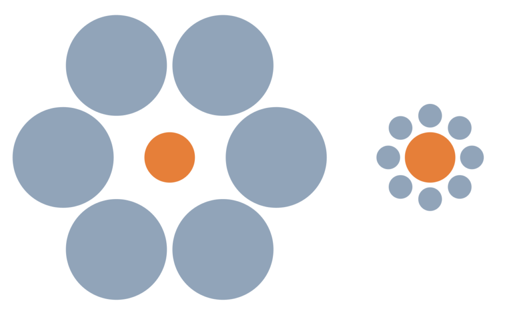 optical illusion showing orange and blue circles. The circle on the left appears smaller than that on the right, but they are in fact the same size.