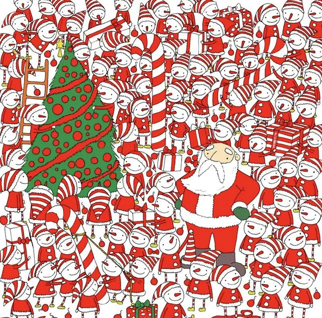 snowmen with red and white striped hats with Santa and an Xmas tree in the middle