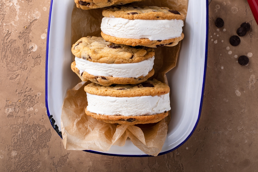 Ice cream sandwiches with vanilla ice cream and chocolate chip cookies, homemade sweet treat