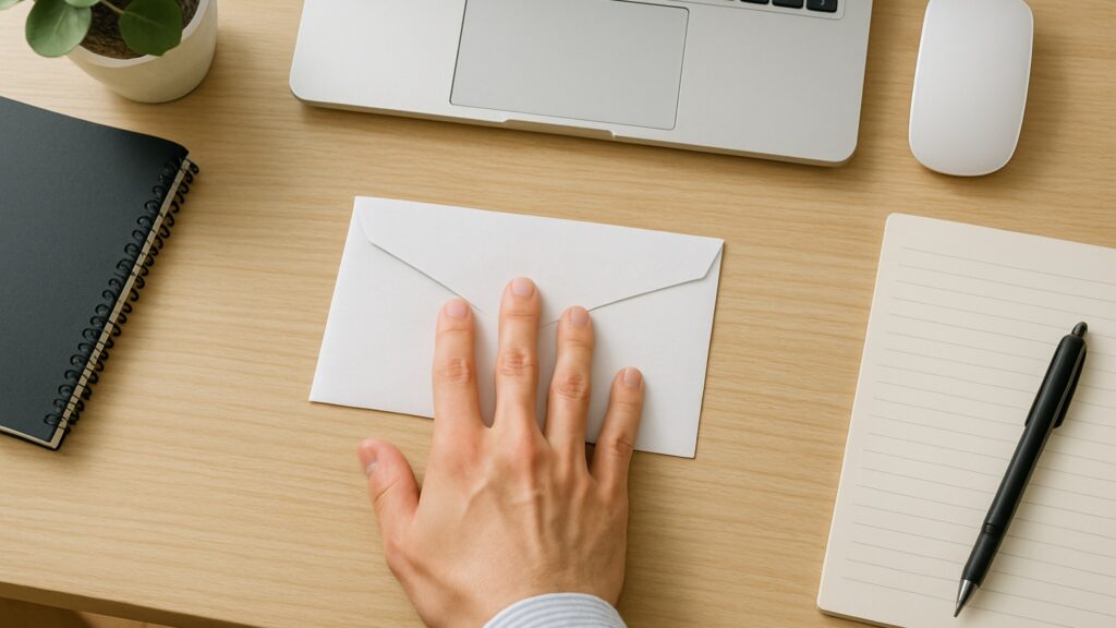 白天, 明亮的時尚辦公室內, 一位男性用單手, 三根手指頭按住白色信封, 往前推出, 在辦公桌上, 日系風格, top shot