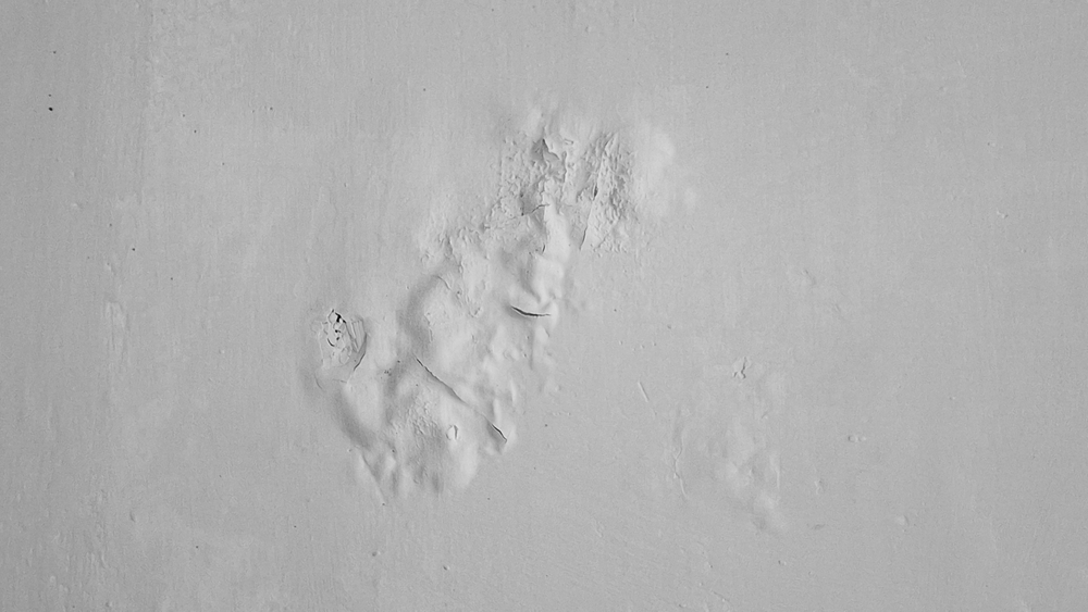 Wall with peeling, bubbling, and damaged paint, indicative of moisture, age, or poor application