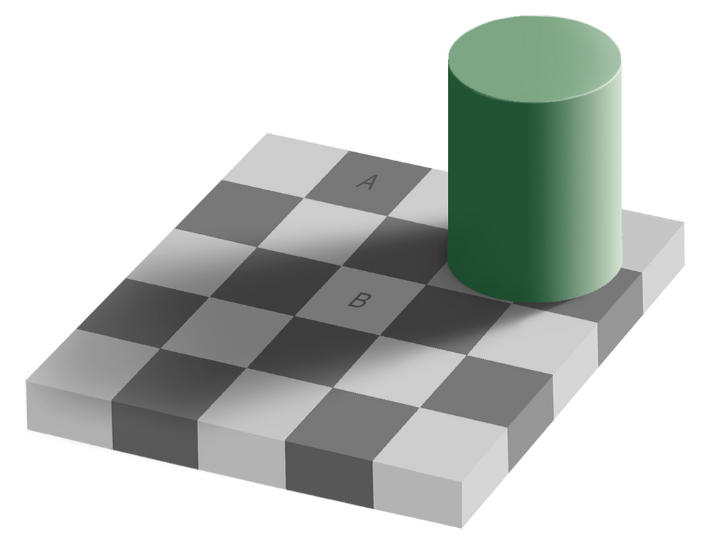 The checker shadow illusion, showing a checkerboard viewed at an angle with a green cylinder casting a diagonal shadow across several squares. Two squares labeled A and B look dramatically different, with A appearing dark gray in a light area and B appearing light gray within the shadow. Both squares are actually identical in color, but the shadow and surrounding context trick the brain into perceiving different values.