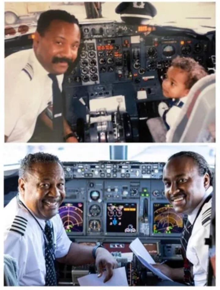 A then-and-now split image. The top photo shows a pilot with a toddler in a cockpit, and the bottom shows the same two men years later, now both in pilot uniforms sitting side by side.