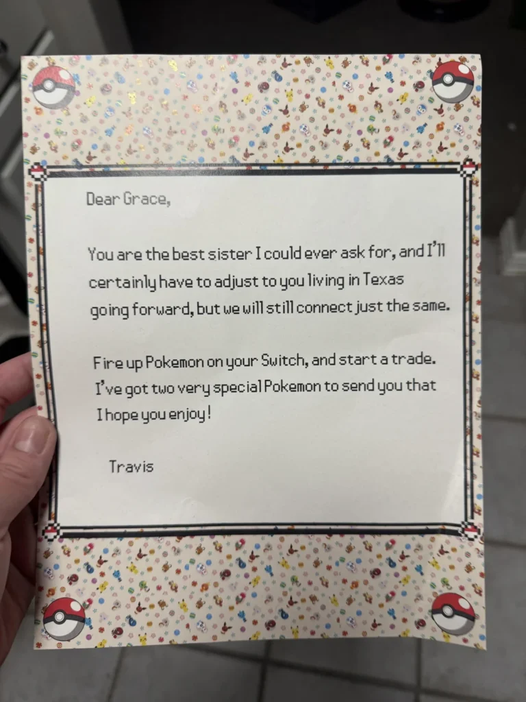 A handwritten letter on Pokémon-themed stationery from Travis to his sister Grace, telling her she's the best sister and asking her to start a Pokémon trade on her Switch so he can send her two special Pokémon as a going-away gift before she moves to Texas.