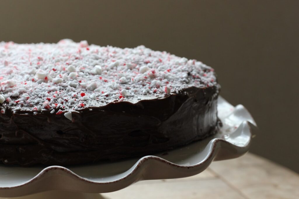 Chocolate cake topped with crushed peppermint candy.