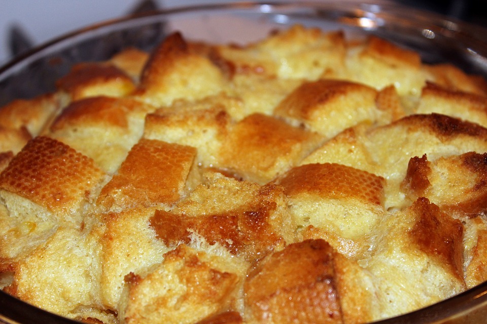 Bread pudding in a small baking dish.