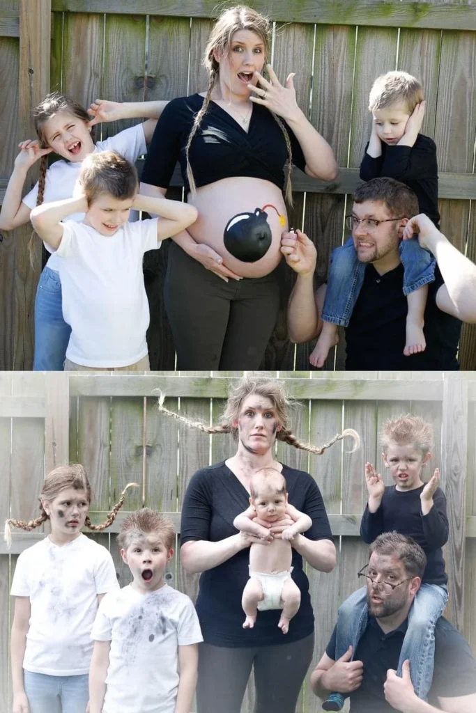 A before-and-after pregnancy announcement. The top photo shows parents looking overwhelmed as three kids climb on them and the mom's belly is painted like a bomb. The bottom photo shows the same family post-birth, now disheveled and covered in mystery stains, the baby held up triumphantly.