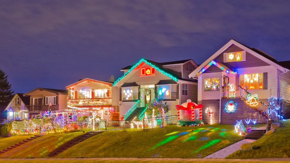 House Decorated and Lighted for Christmas at Night at Vancouver, Canada.