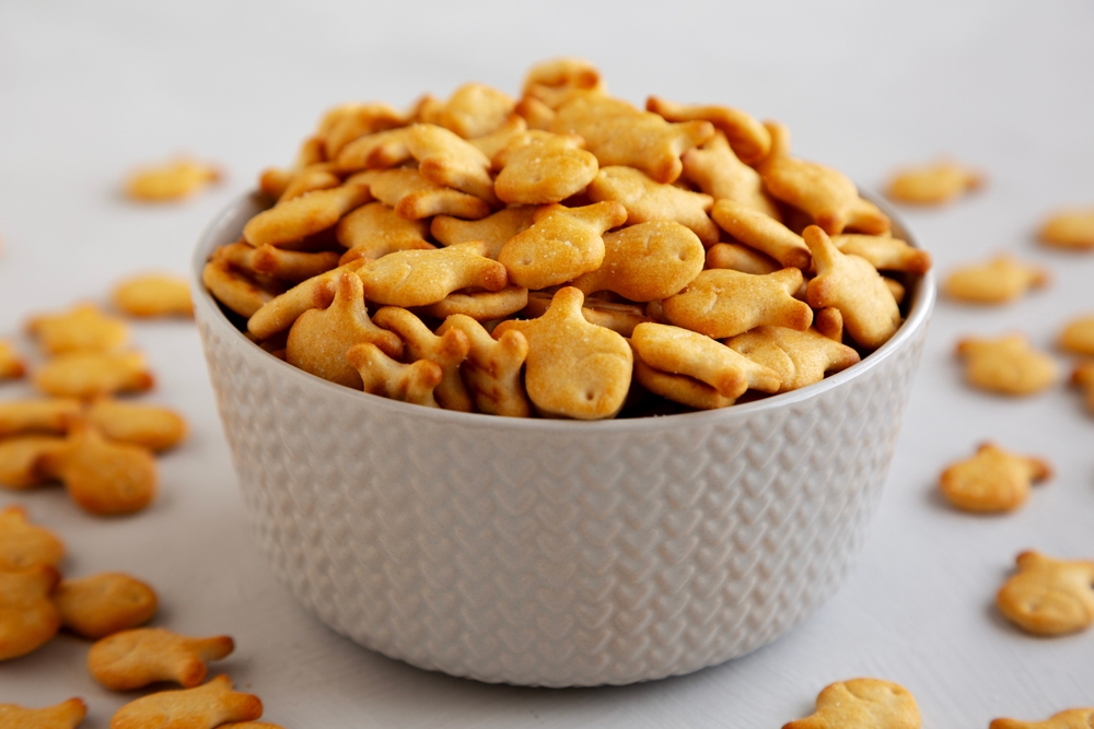 Mini Goldfish Crackers with Sea Salt in a Bowl, side view.