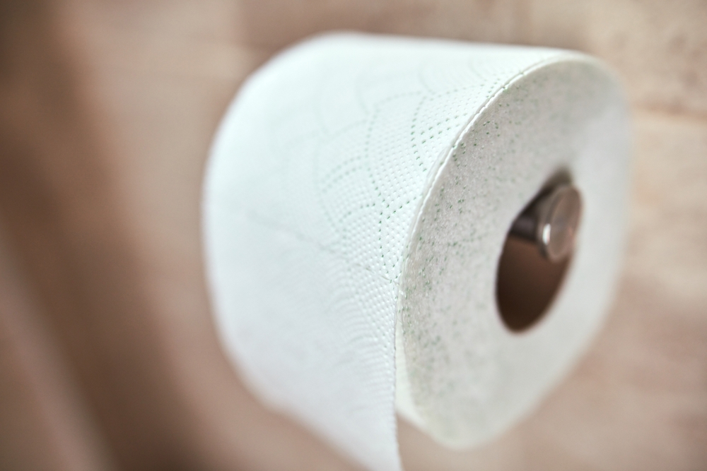 Toilet paper roll in the bathroom, shallow depth of field and selective focus.