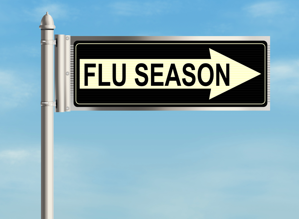 Flu season. Road sign on the sky background. Raster illustration.