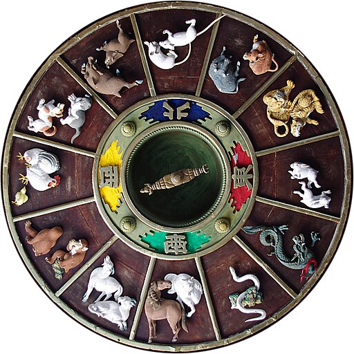 A circular wooden Chinese zodiac wheel with hand-painted figurines of all 12 animals arranged in their traditional order, each sitting in its own carved segment around a green jade-colored center.